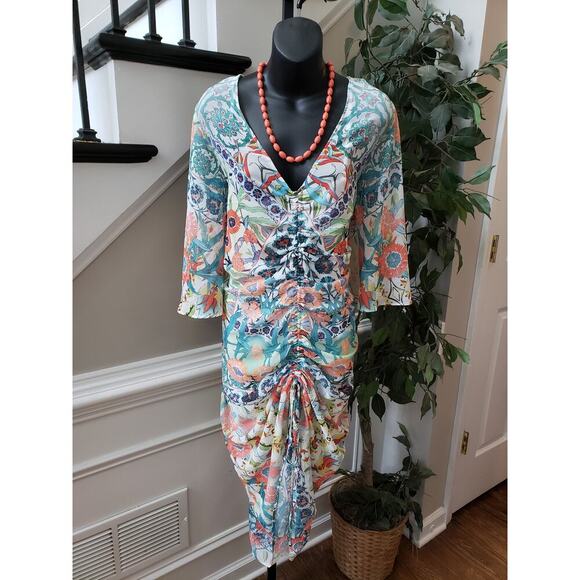 City Chic Dress Women Size 20 Multicolor Floral Ruched V Neck Midi Sheath - Picture 2 of 16